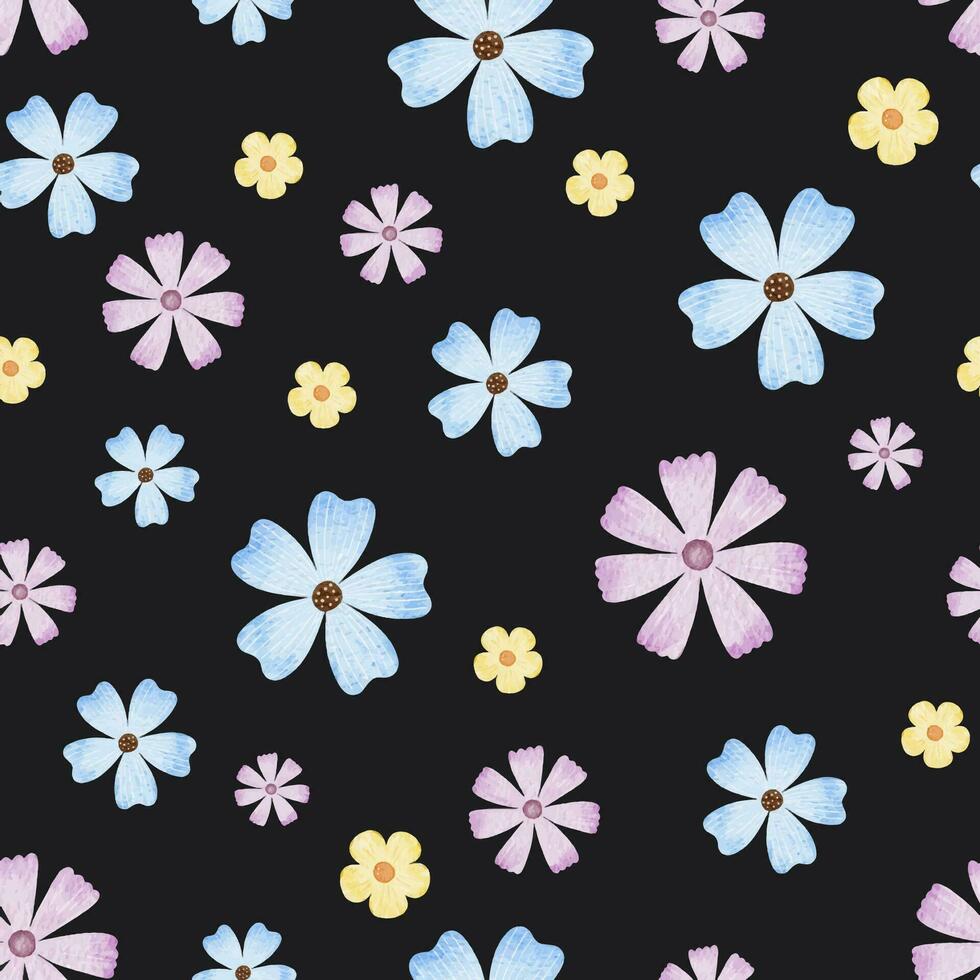 blå, lila och gul vilda blommor. enkel söt blommor. vattenfärg sömlös mönster. söt skriva ut för tyg, scrapbooking, omslag papper, design av kort vektor