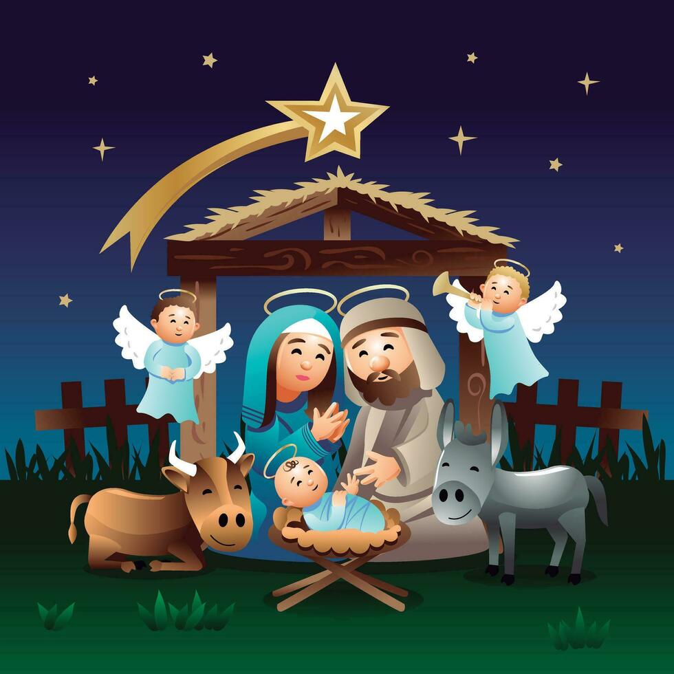 Geburt Szene mit Maria, Joseph, Jesus Baby Jesus. Vektor Illustration