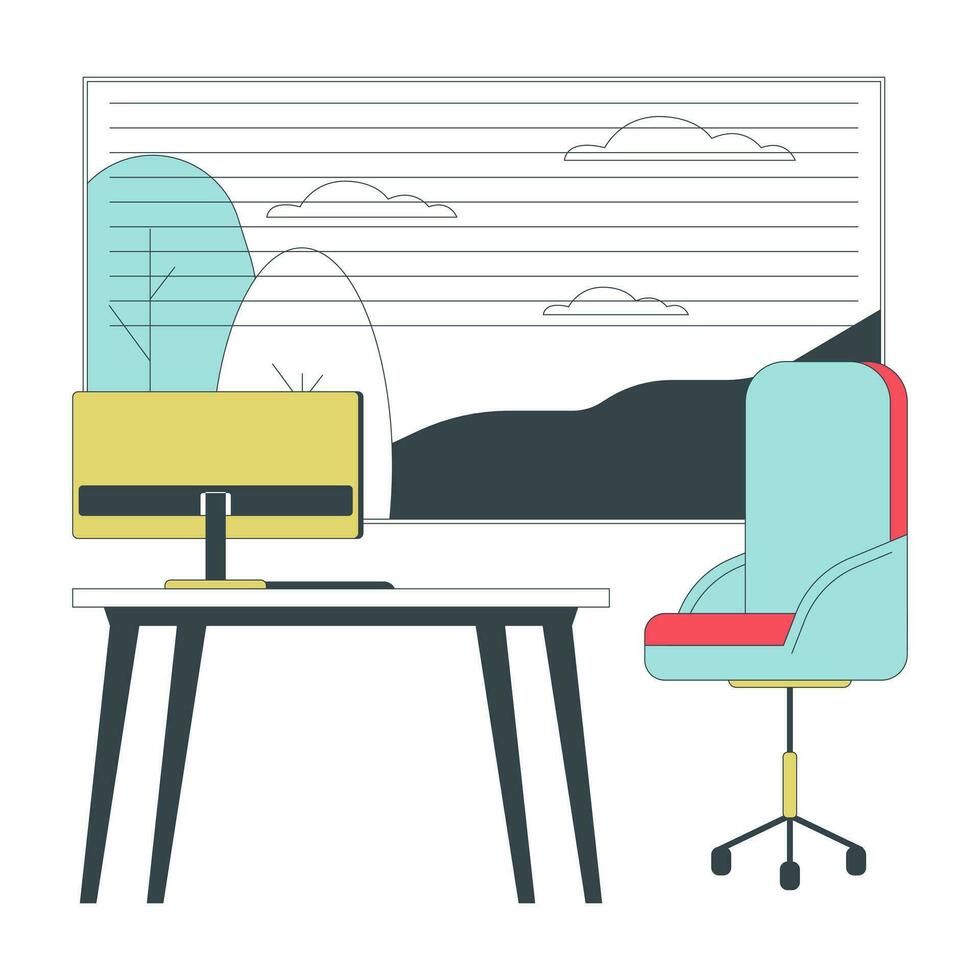 Arbeitsplatz komfortabel 2d linear Karikatur Objekt. Arbeitsplatz Tabelle mit Büro Stuhl Räder in der Nähe von Fenster isoliert Linie Vektor Element Weiß Hintergrund. Möbel Technologie Farbe eben Stelle Illustration
