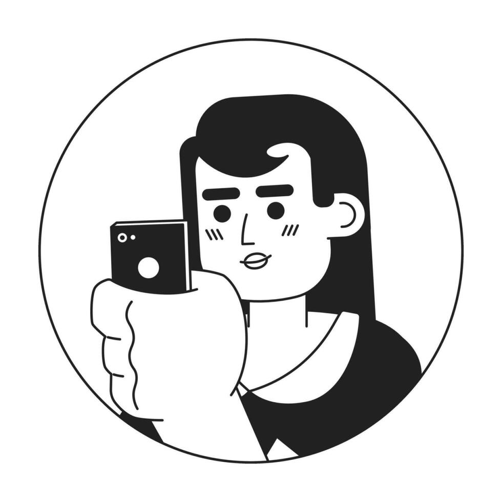 Smartphone Frau asiatisch amerikanisch schwarz und Weiß 2d Vektor Benutzerbild Illustration. Telefon Scrollen Mädchen Koreanisch gefärbt Haar Gliederung Karikatur Charakter Gesicht isoliert. Handy, Mobiltelefon Internet Benutzer eben Porträt