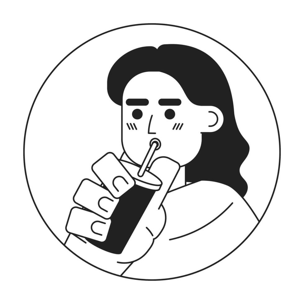 vågig hår indisk flicka smuttar sugrör svart och vit 2d vektor avatar illustration. kaffe njuter söder asiatisk lady översikt tecknad serie karaktär ansikte isolerat. kvinna dricka milkshake platt porträtt