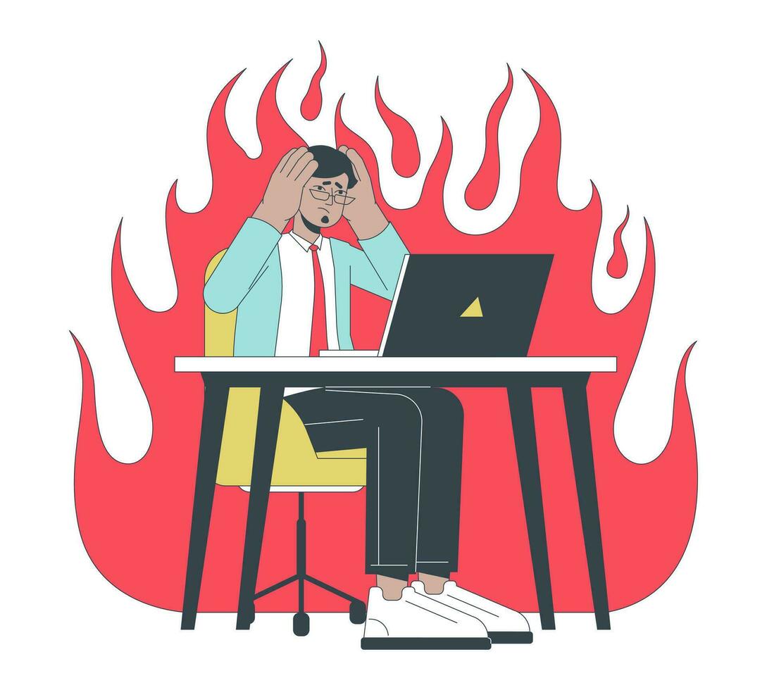 Migräne überwältigt indisch Brille Mann 2d linear Karikatur Charakter. müde Ausbrennen Erwachsene Büro Arbeiter beim Laptop isoliert Linie Vektor Person Weiß Hintergrund. im Laufe der Zeit Farbe eben Stelle Illustration