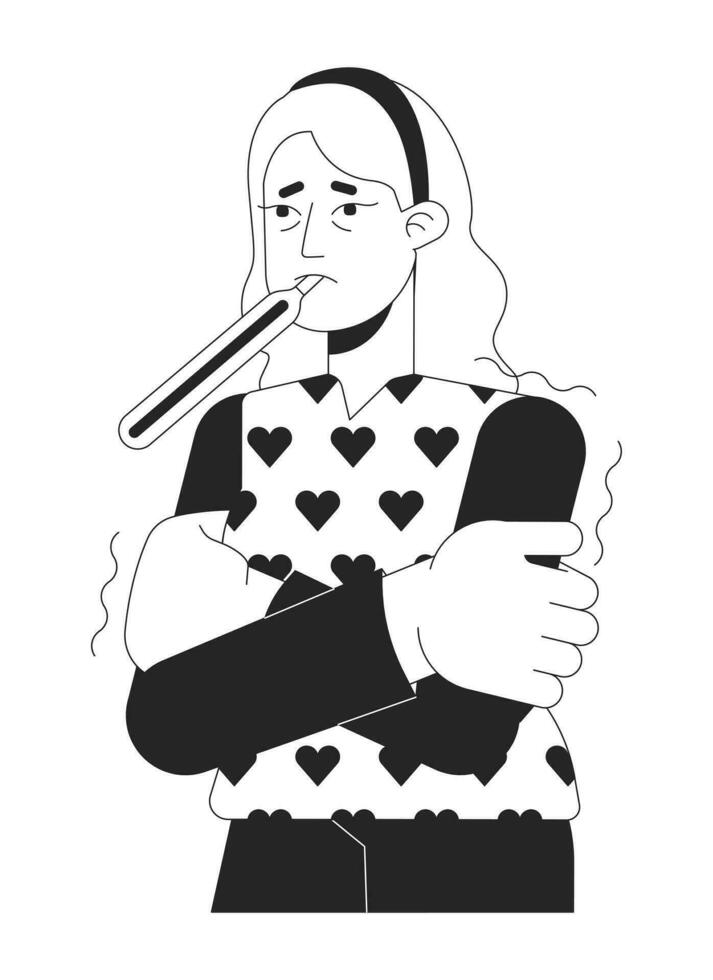 lidande febrig caucasian kvinna med termometer svart och vit 2d linje tecknad serie karaktär. skakningar frysning flicka isolerat vektor översikt person. ohälsosam enfärgad platt fläck illustration