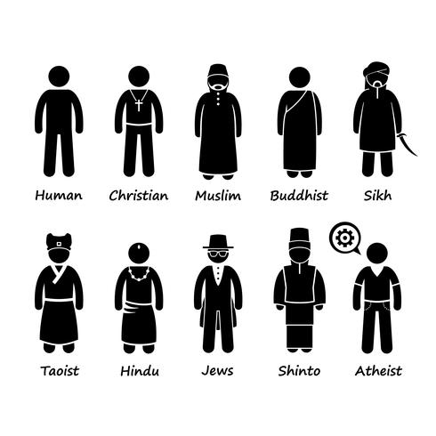 Religion der Menschen in der Welt Strichmännchen-Piktogramm-Symbol Cliparts. vektor