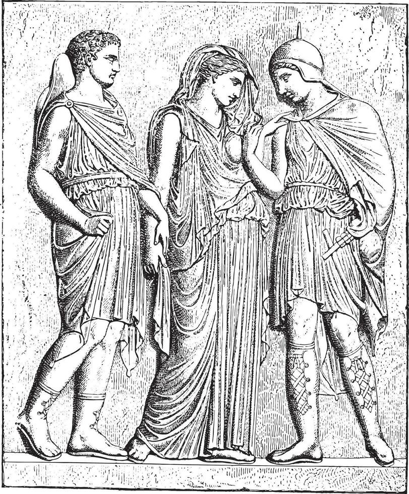 antiope och hans son relief i de bländskydd, årgång gravyr. vektor