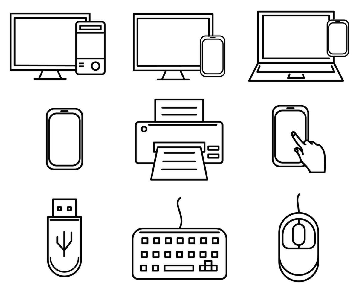 elektronisch Werkzeuge Symbol einstellen oder Computer Technologie im Linie Stil Symbole einstellen zum Netz und Handy, Mobiltelefon App vektor