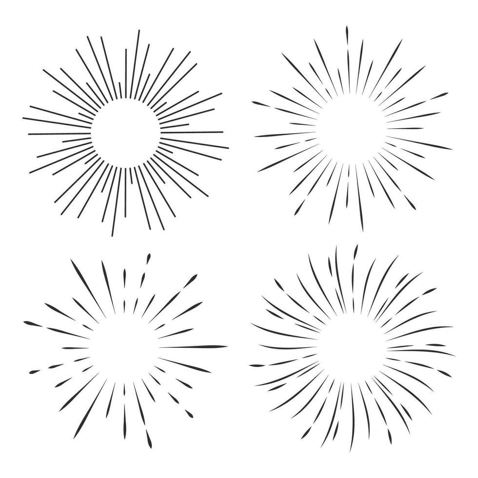 uppsättning fyrverkeri, strålar, sunburst ramar cirkel gräns dekoration, gnistra i klotter stil, linje skiss explosion isolerat på vit bakgrund. vektor illustration