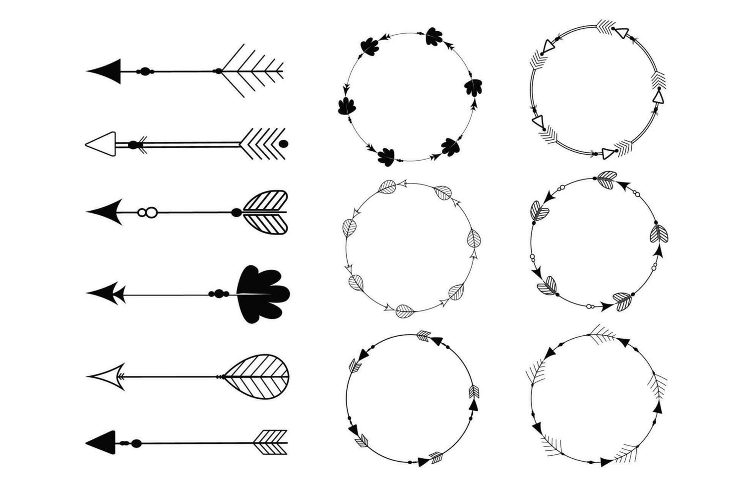 einstellen Stammes- ethnisch Pfeil Teiler, einheimisch indisch Bogen Boho ein Frames im Gekritzel Stil isoliert auf Weiß Hintergrund. Sammlung Grenzen, Dekoration Elemente. Vektor Illustration