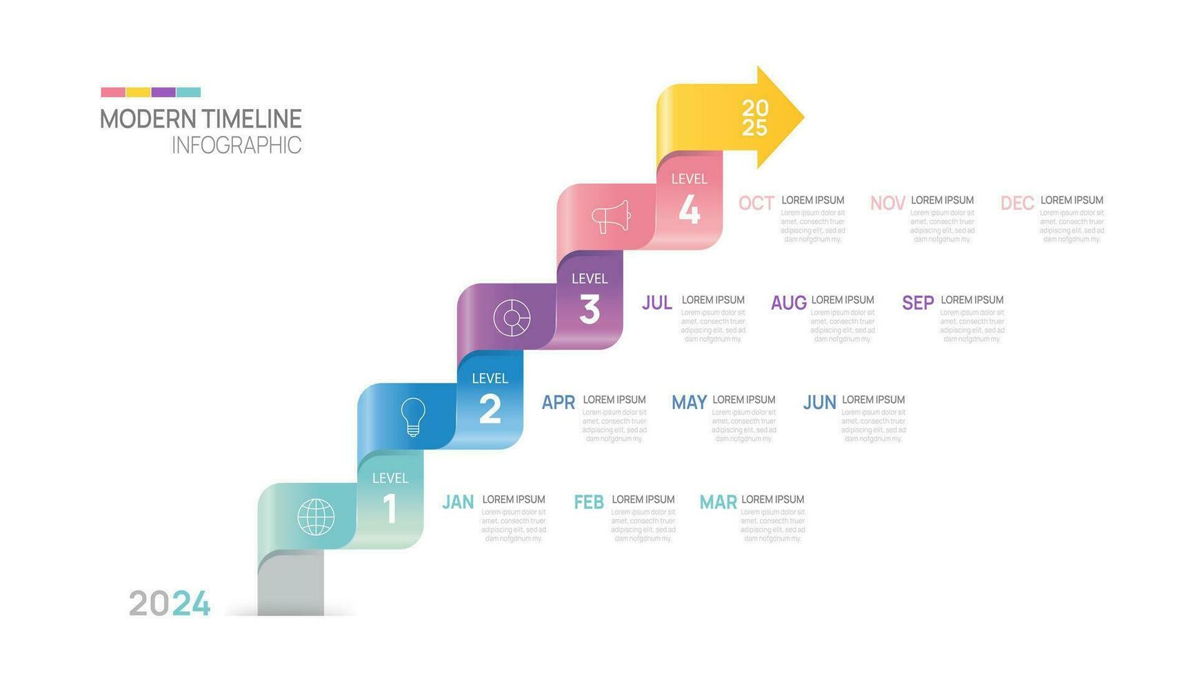 Geschäft Schritt Zeitleiste Infografik Pfeil Vorlage. modern Meilenstein Element Zeitleiste Diagramm Kalender und 4 Quartal Themen, Vektor Infografiken.