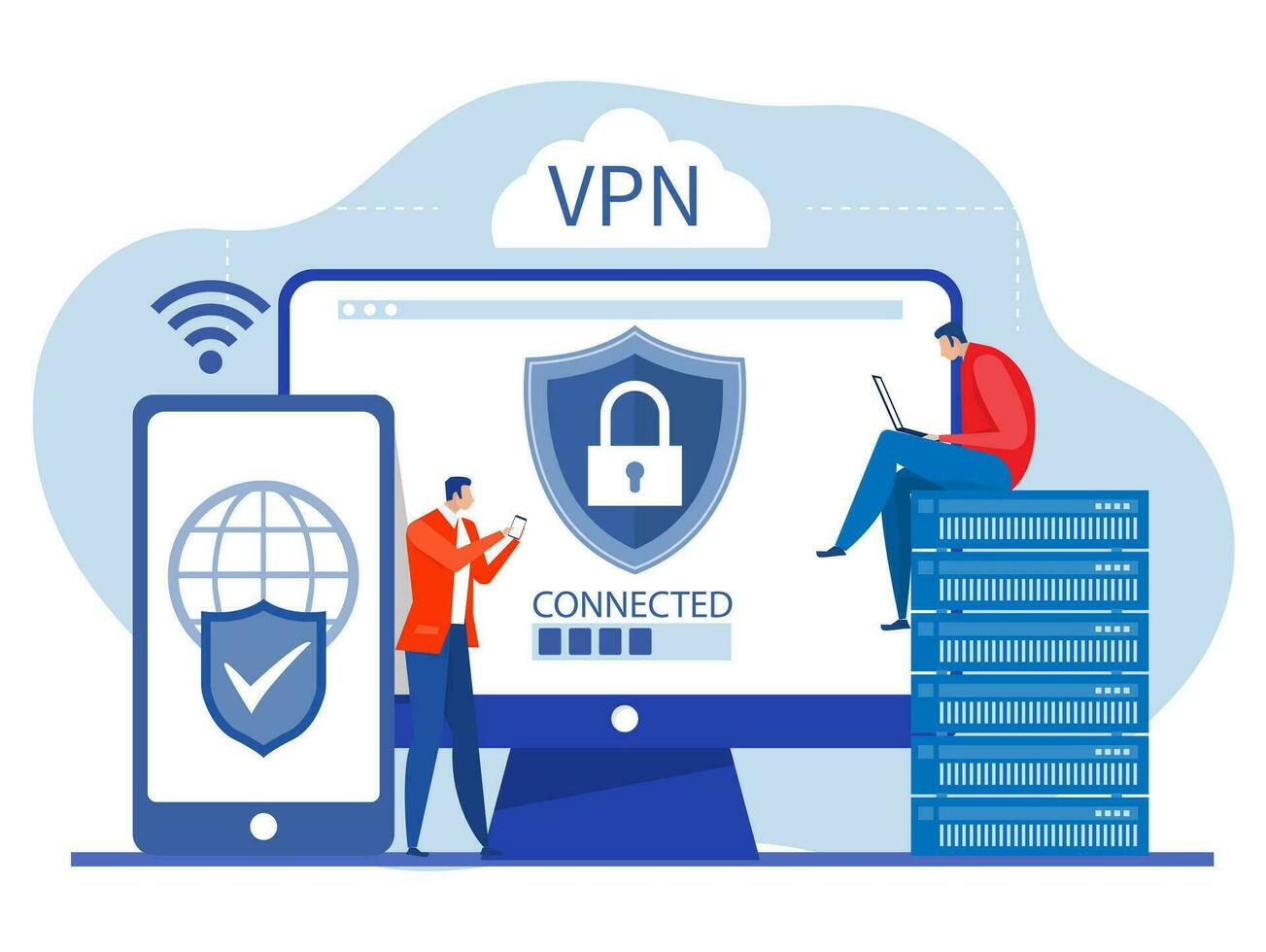 vpn teknologi service koncept, affärsman använda sig av browser avblockera på hemsida på mobil virtuell privat nätverk. säkra nätverk förbindelse och Integritet skydd vektor illustration