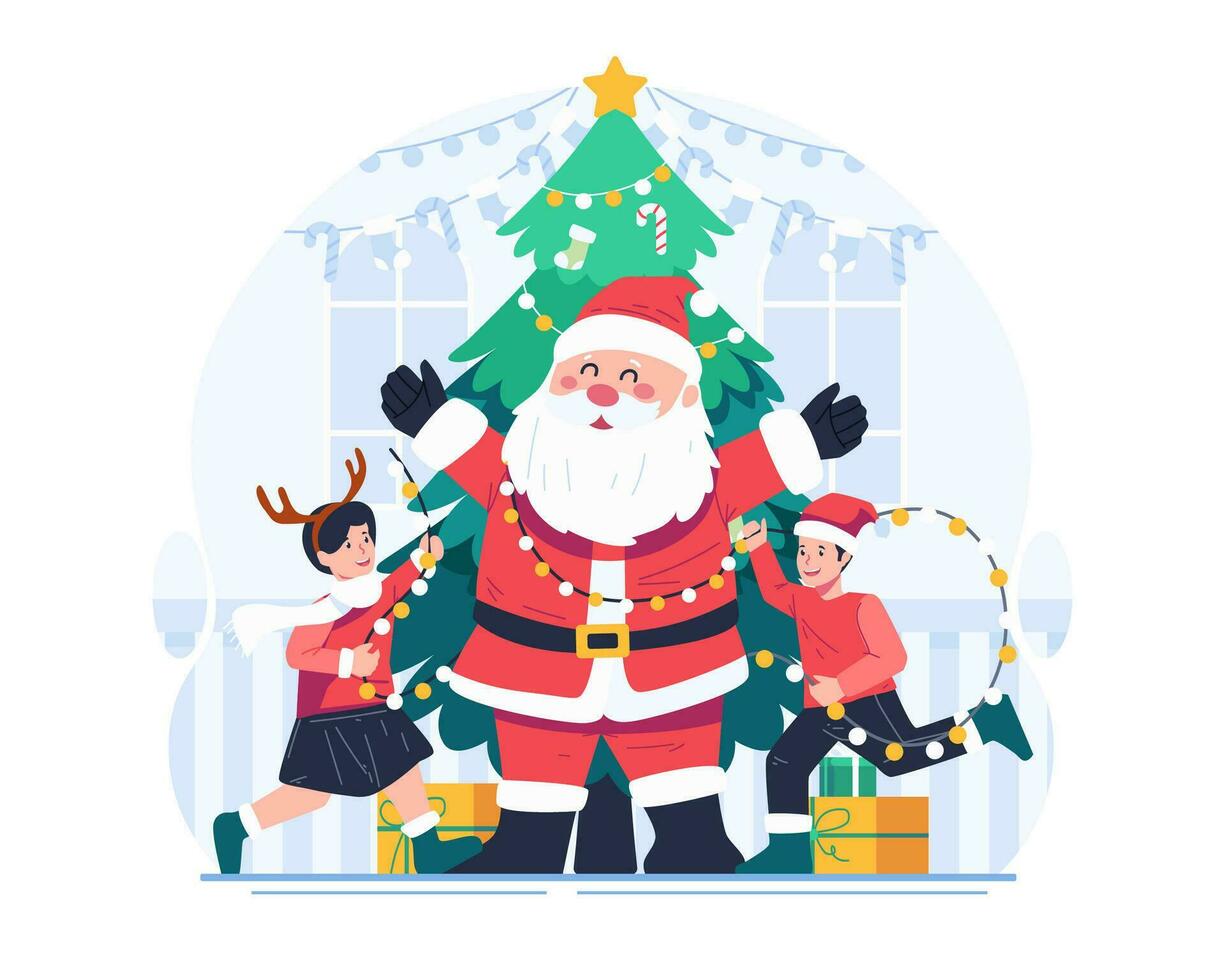 fröhlich Weihnachten Konzept Illustration mit zwei froh Kinder und Santa claus mit ein Weihnachten Baum vektor