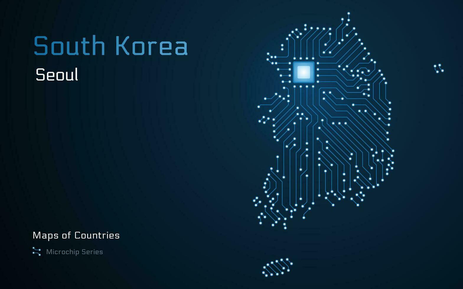 Süd Korea Karte mit ein Hauptstadt von Seoul gezeigt im ein Mikrochip Muster. E-Government. Welt Länder Vektor Karten. Mikrochip Serie