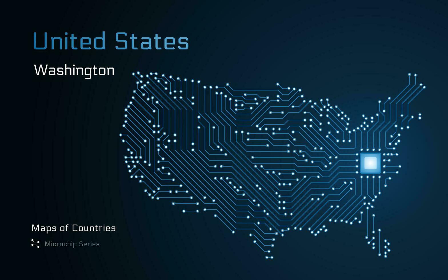 vereinigt Zustände Karte mit ein Hauptstadt von Washington gezeigt im ein Mikrochip Muster. E-Government. Welt Länder Vektor Karten. Mikrochip Serie