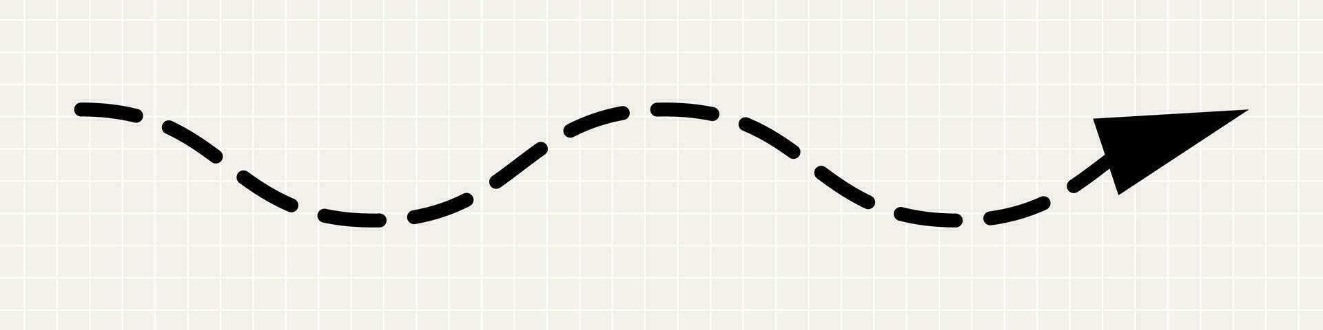 en tunn, böjd svart pil pekande till de höger. en minimalistisk lekfull pekare i de form av en prickad linje på en anteckningsbok bakgrund. vektor