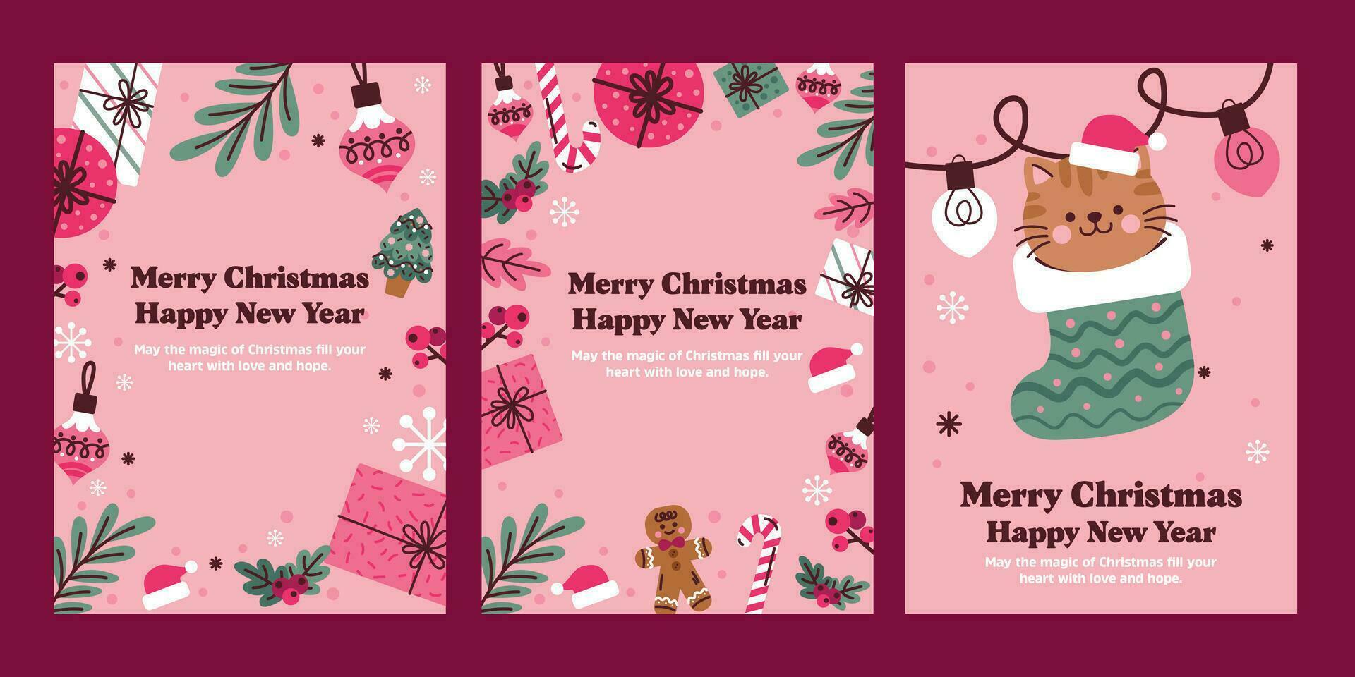 fröhlich Weihnachten und glücklich Neu Jahr, Gruß Karten, Poster, Urlaub Abdeckungen. bunt modern Weihnachten Design, Grün, Rot, Gelb und Weiß. Weihnachten Baum, Bälle, Fichte Geäst, Geschenk Elemente. vektor