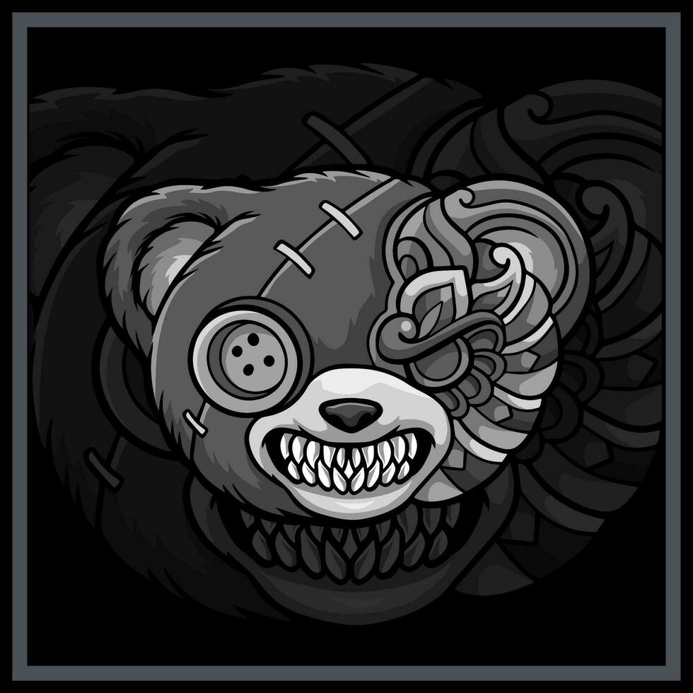 einfarbig Voodoo Bär Mandala Kunst isoliert auf schwarz Hintergrund vektor