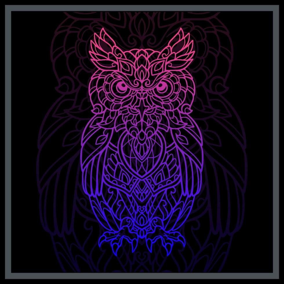 Gradient bunt Eule Vogel Mandala Kunst isoliert auf schwarz Hintergrund vektor