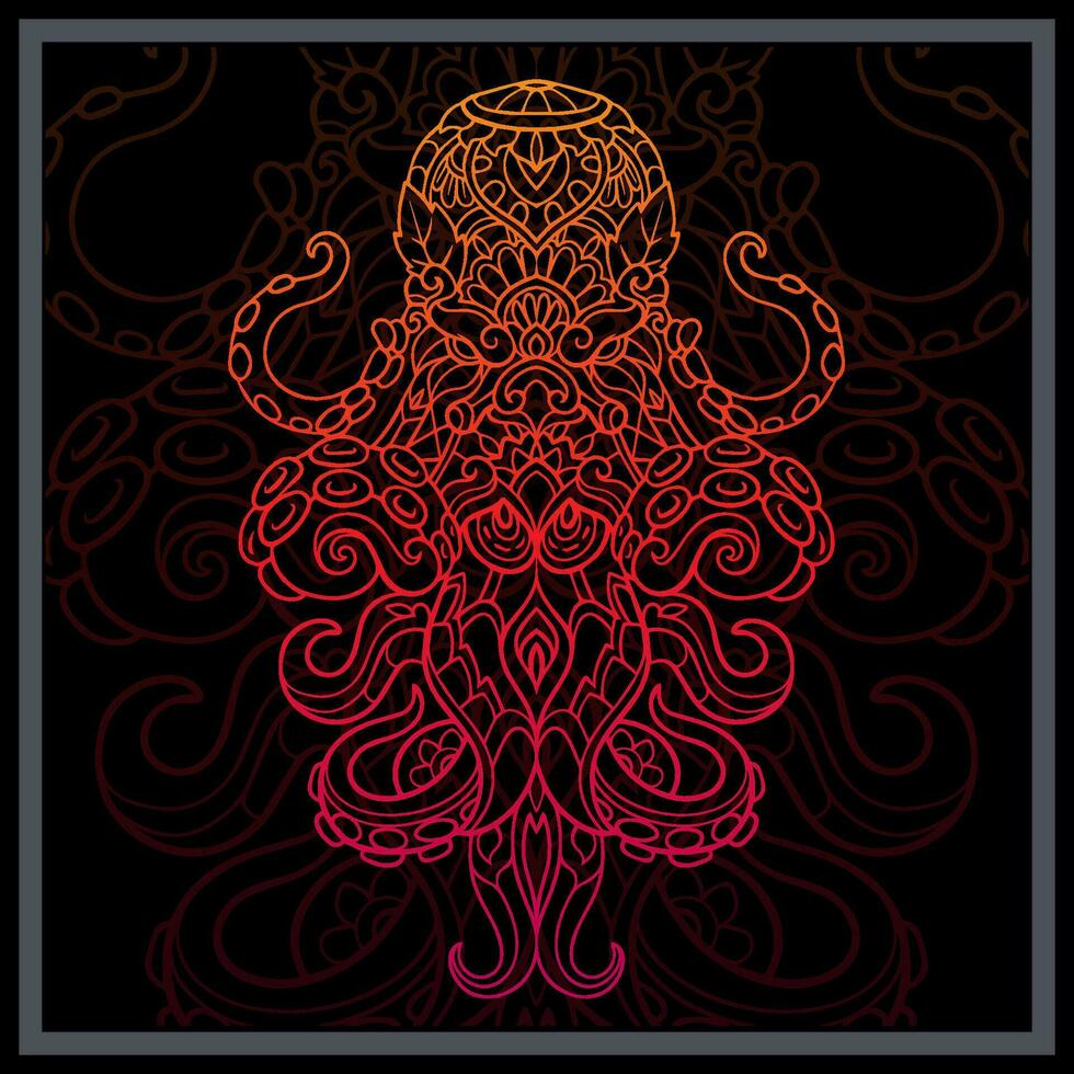 lutning färgrik kraken bläckfisk mandala konst isolerat på svart bakgrund vektor