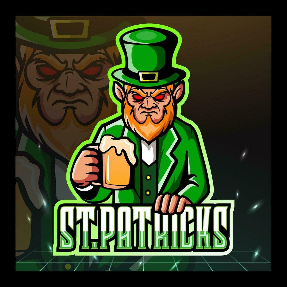 st. patricks day leprechaun maskottchen esport logo design. vektor