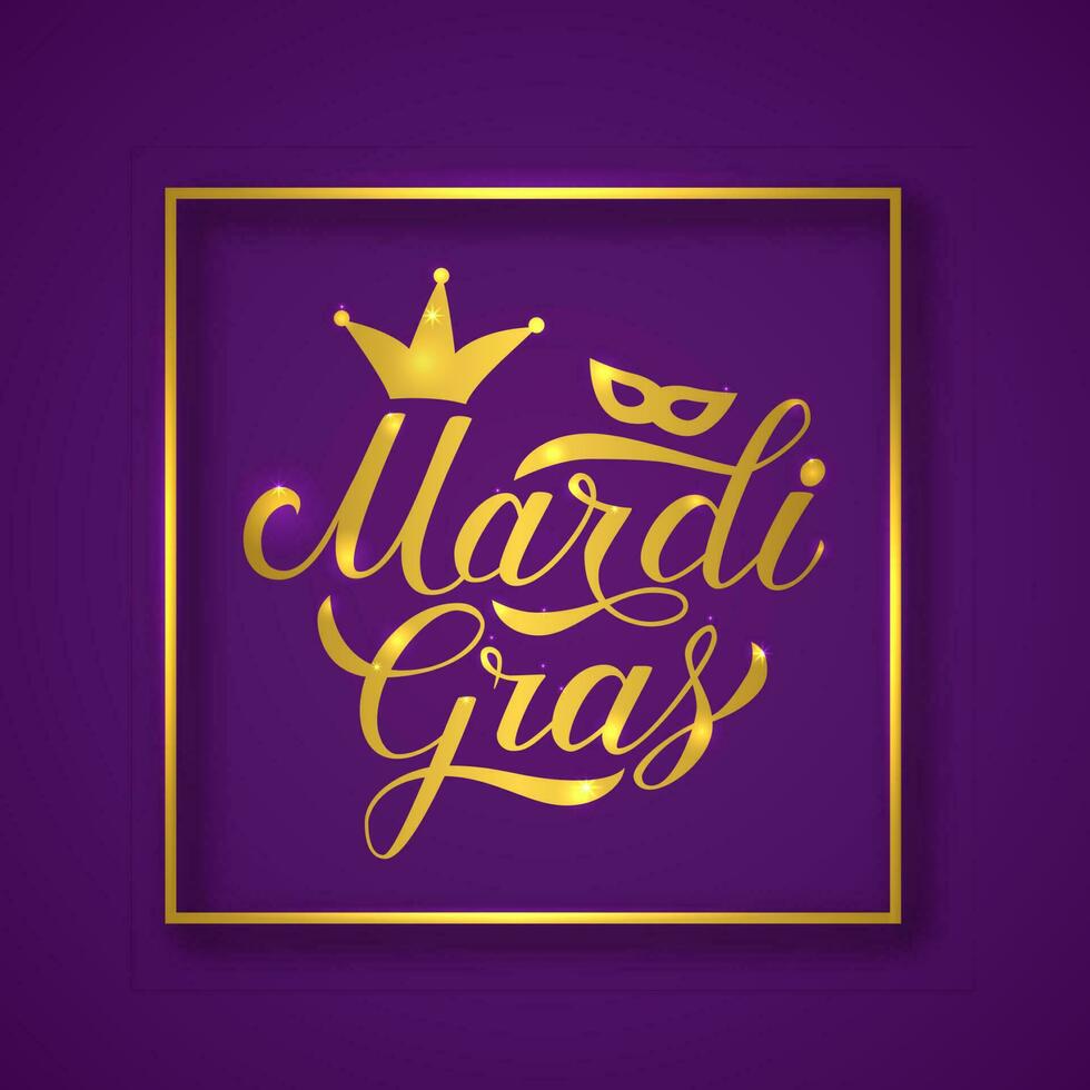 mardi gras kalligrafi hand text med skinande guld ram på lila bakgrund. traditionell karneval ny orleans. fett eller skrava tisdag affisch. vektor mall för baner, flygblad, fest inbjudan.