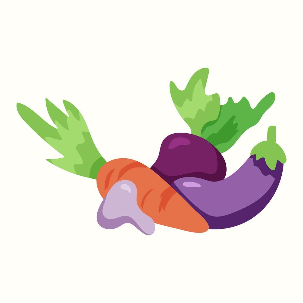 grönsaker. svamp, morot, aubergine. rädisa. vektor illustration i platt stil