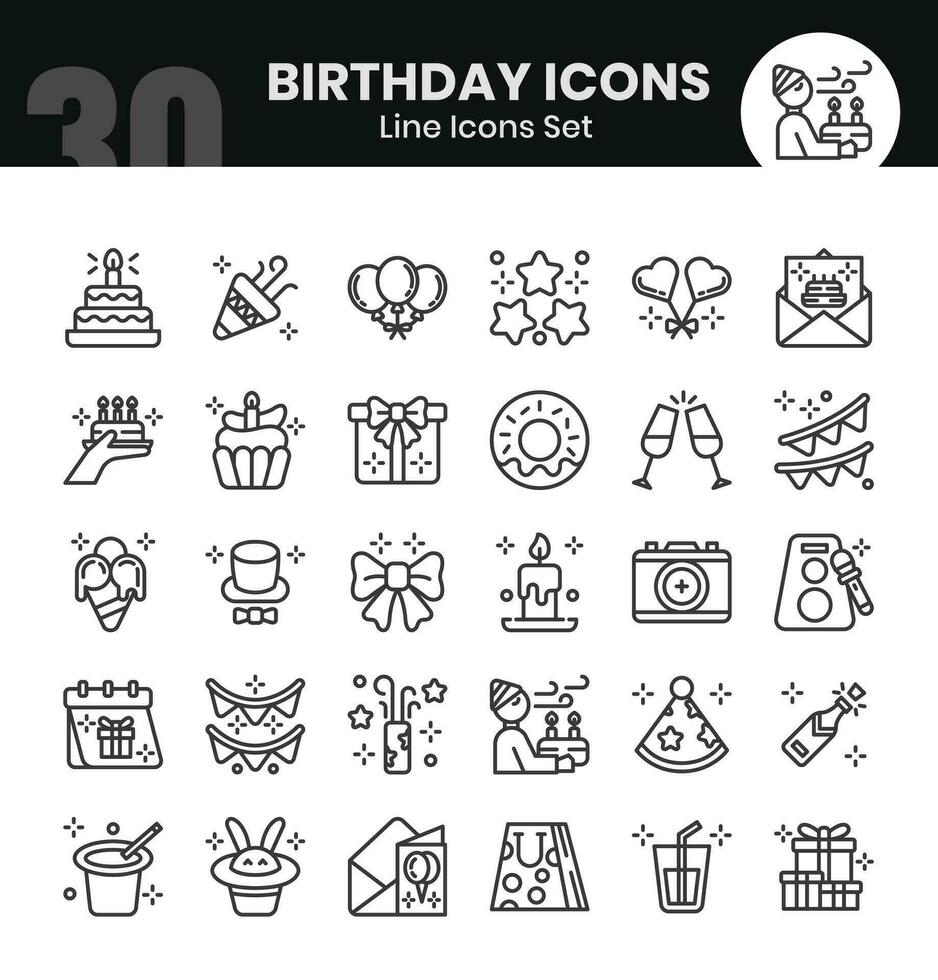 födelsedag ikoner bunt. tunn översikt ikon stil. vektor illustrationer