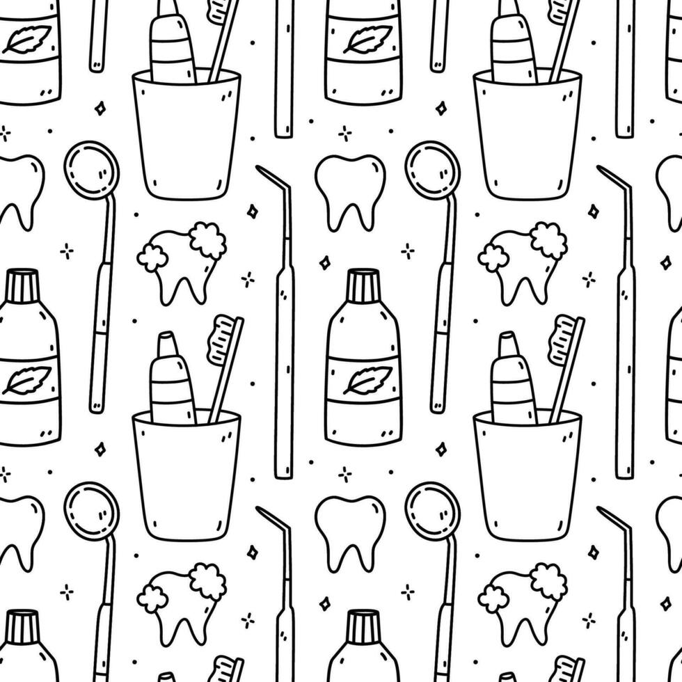 nahtlos Muster mit Dental Artikel - - Mundwasser, Zähne, Dental Sonde, Spiegel, Zahnbürste und Zahnpasta. Oral Hygiene. Vektor handgemalt Gekritzel Illustration. perfekt zum drucken, Hintergrund, Dekorationen.