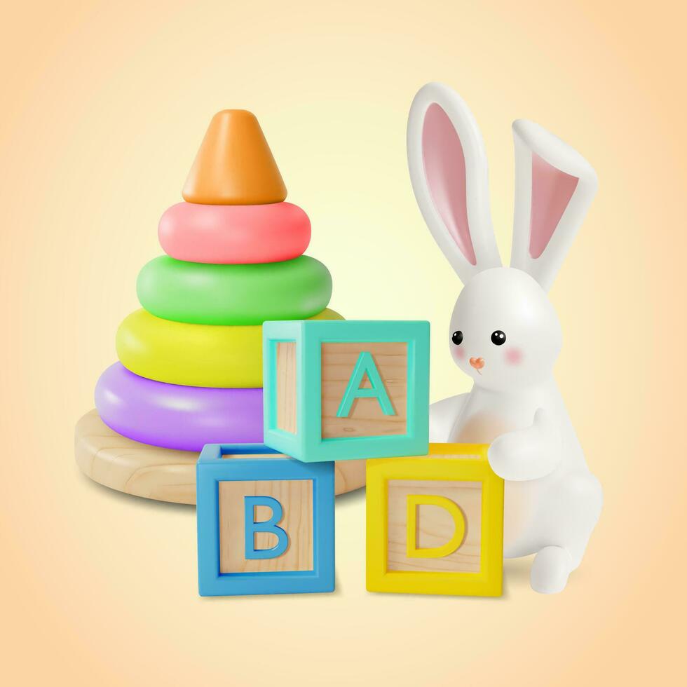 3d Kind Spielzeug Konzept Karikatur Stil Hase, ABC Block und Pyramide. Vektor