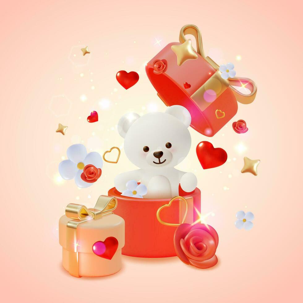 3d gåva låda med söt teddy Björn leksak valentines dag begrepp tecknad serie stil. vektor