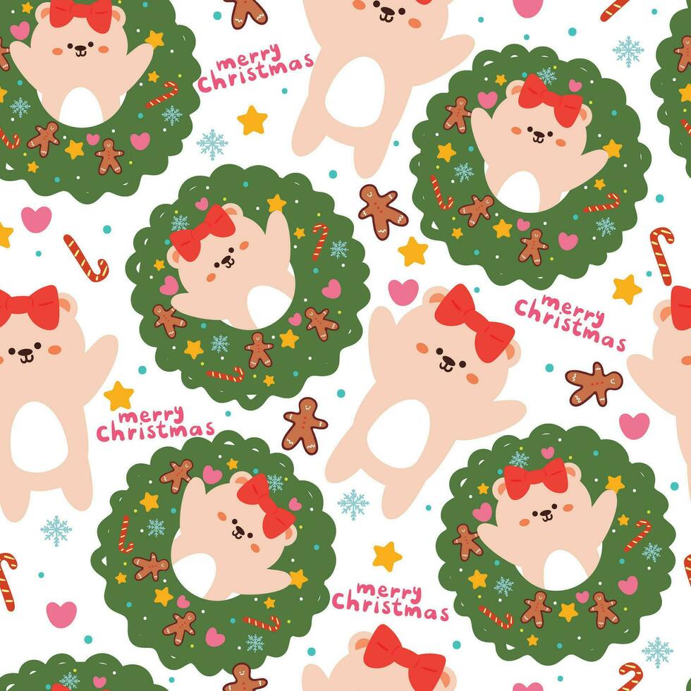 sömlös mönster tecknad serie Björn med jul träd och jul element. söt jul tapet för kort, gåva slå in papper vektor