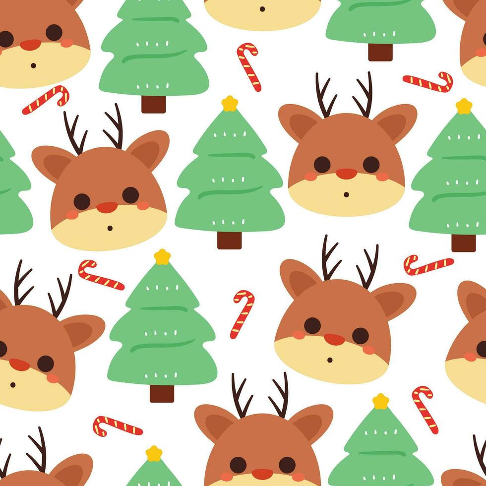 sömlös mönster tecknad serie rådjur med jul träd och jul element. söt jul tapet för kort, gåva slå in papper vektor