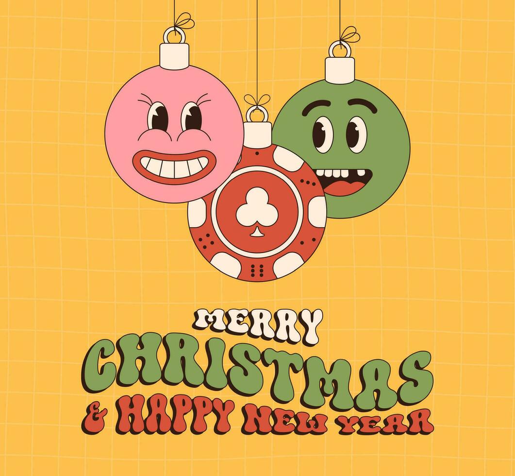 kasino chip glad jul och Lycklig ny år häftig sporter hälsning kort. hängande boll som en häftig jul boll på vibrerande bakgrund. vektor illustration.