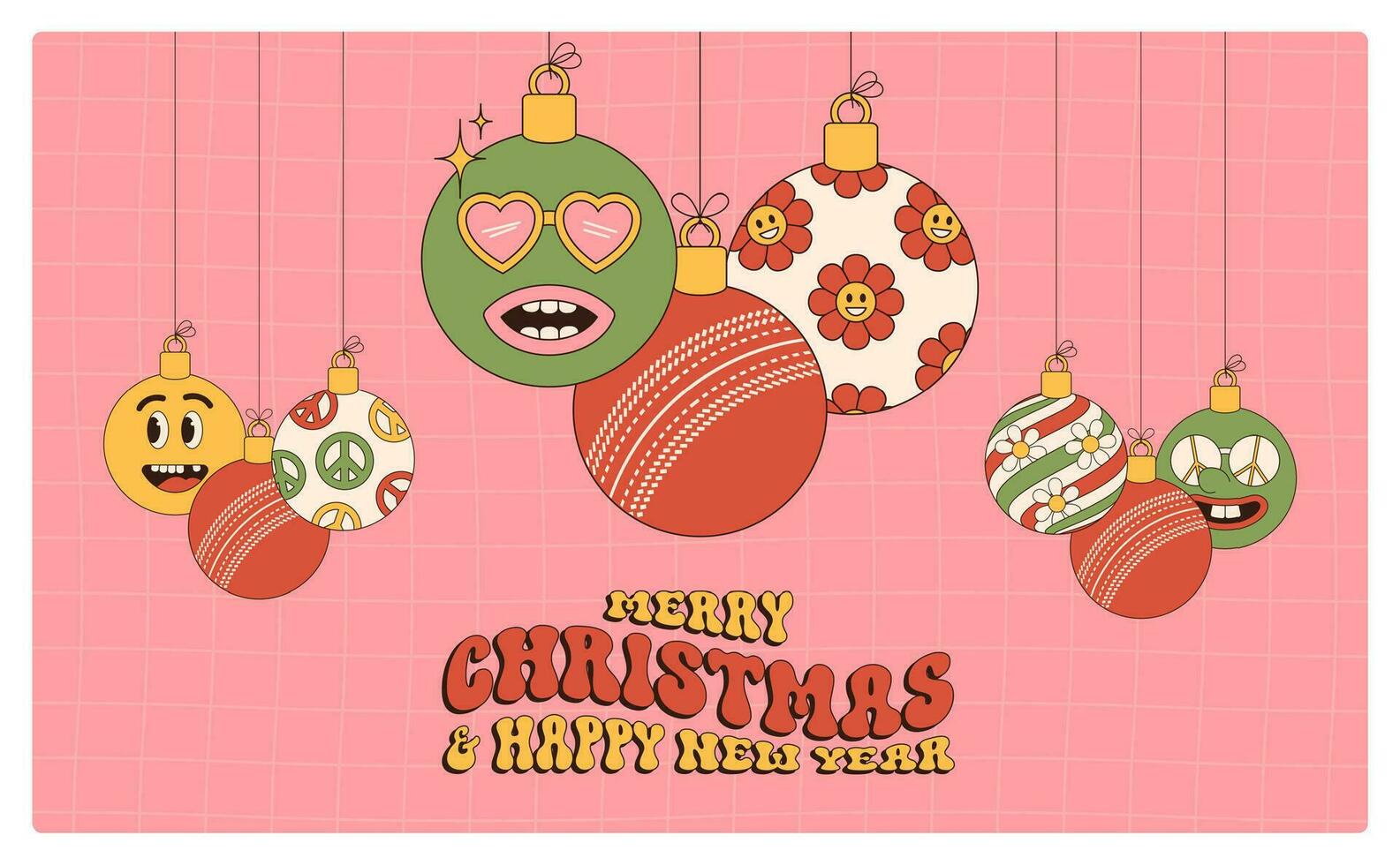 cricket glad jul och Lycklig ny år häftig sporter hälsning kort. hängande boll som en häftig jul boll på vibrerande bakgrund. vektor illustration.