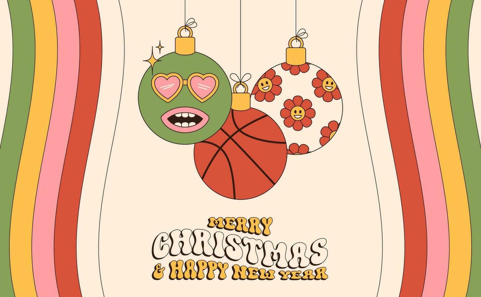 Basketball fröhlich Weihnachten und glücklich Neu Jahr groovig Sport Gruß Karte. hängend Ball wie ein groovig Weihnachten Ball auf beschwingt Hintergrund. Vektor Illustration.