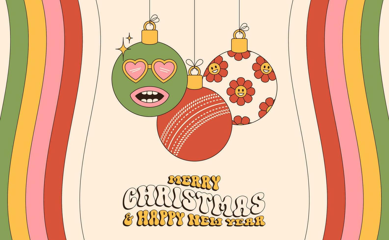 cricket glad jul och Lycklig ny år häftig sporter hälsning kort. hängande boll som en häftig jul boll på vibrerande bakgrund. vektor illustration.