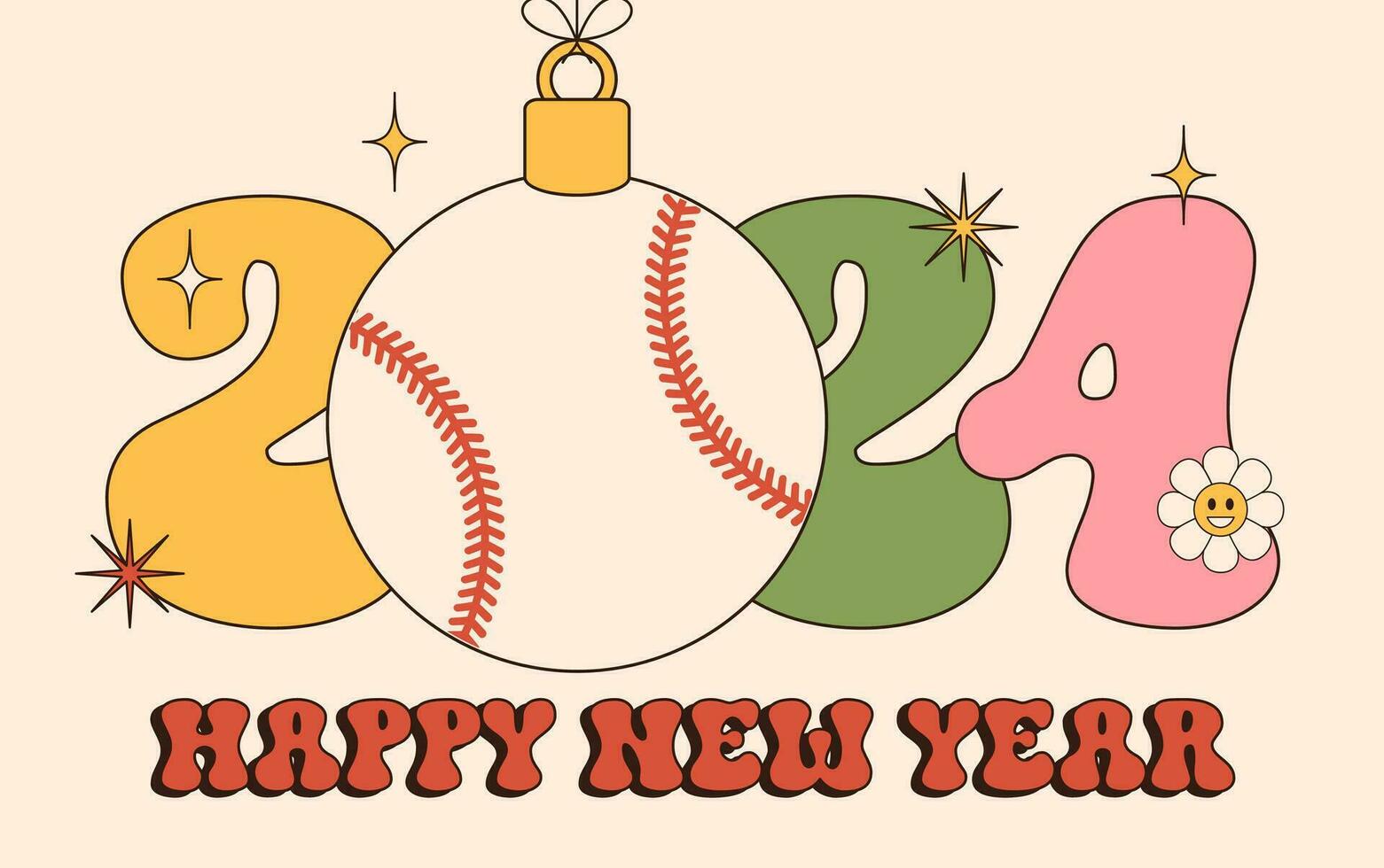 baseboll häftig Lycklig ny år 2024 med boll. sporter häftig hälsning kort med sport boll. vektor illustration