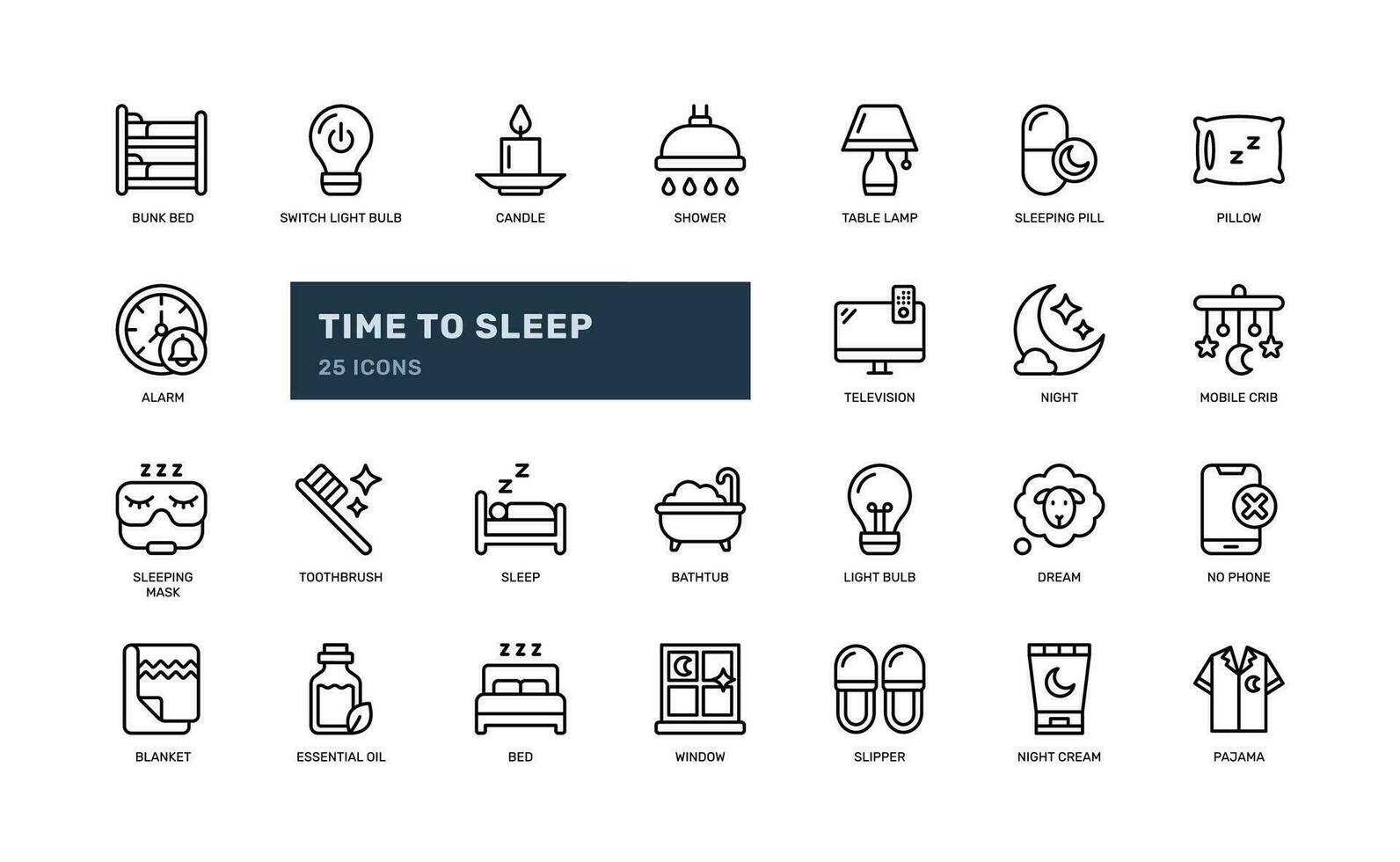 Schlaf verbunden und Aktivität täglich zum Bett Zeit entspannen sich ausruhen detailliert Gliederung Linie Symbol einstellen vektor