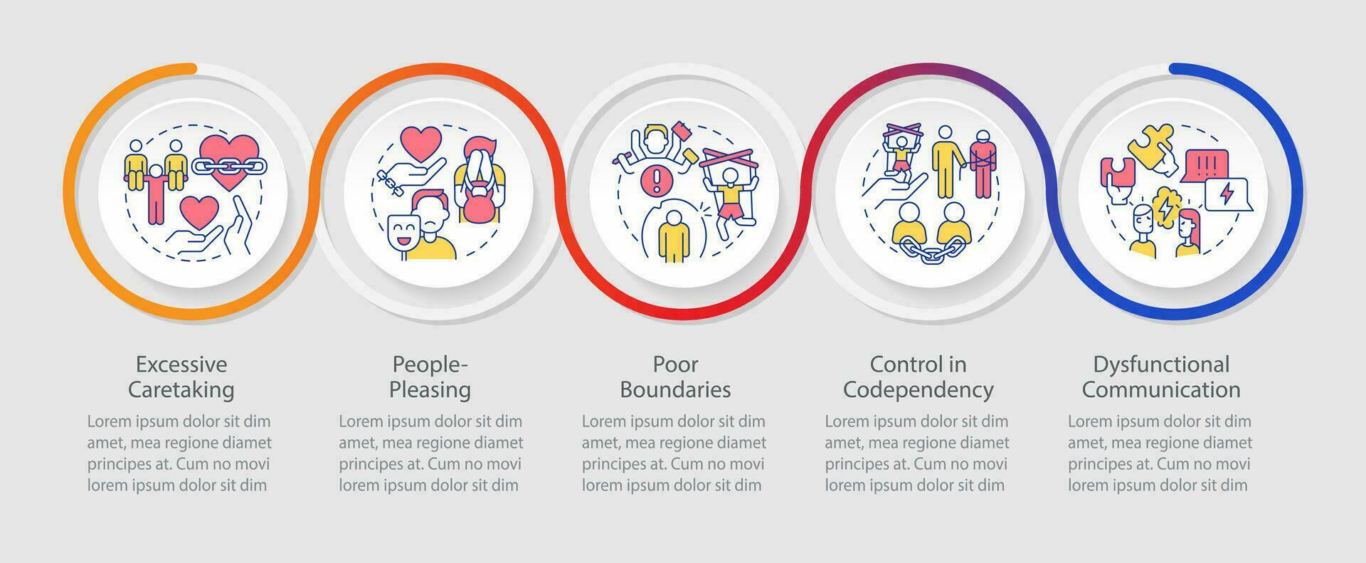 2d medberoende relation vektor infographics mall med tunn linje ikoner, data visualisering med 5 steg, färgrik bearbeta tidslinje Diagram.