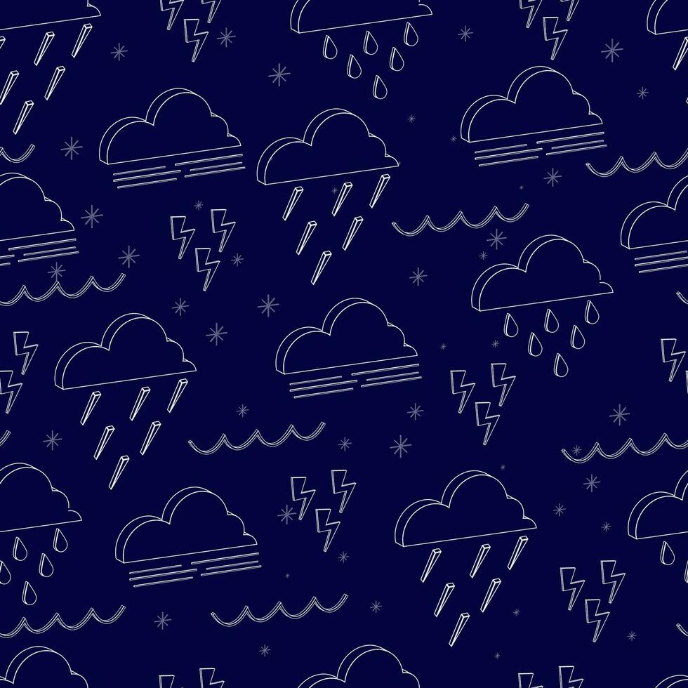 nahtlos Fliese von isoliert Weiß Kontur 3d Wetter Symbole auf Blau Hintergrund mit Wolke, Regen, Schnee, Blitz zum Textil, Verpackung. Vektor Illustration.