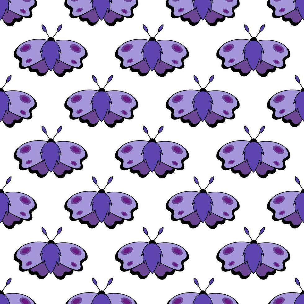 sömlös mönster med lila fjäril. flygande magi insekt. vektor platt illustration för tyg, textur, tapet, affisch, vykort.