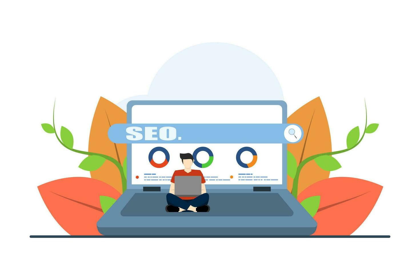 Webseite Optimierung Konzept. Netz Analyse und Sozial Medien Marketing seo. Geschäftsmann Analyse und Überwachung auf Netz Bericht Instrumententafel Monitor. SEO Analyse Team, Suche Motor Seite Rangfolge. vektor