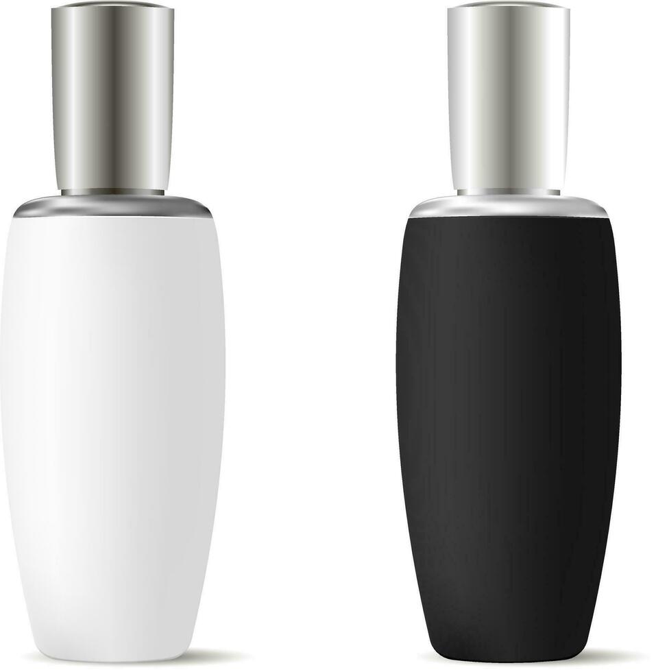 svart och vit flaskor för kosmetika med silver- kepsar. hög kvalitet design produkt attrapp mall. vektor 3d illustration för schampo, lotion, väsen.