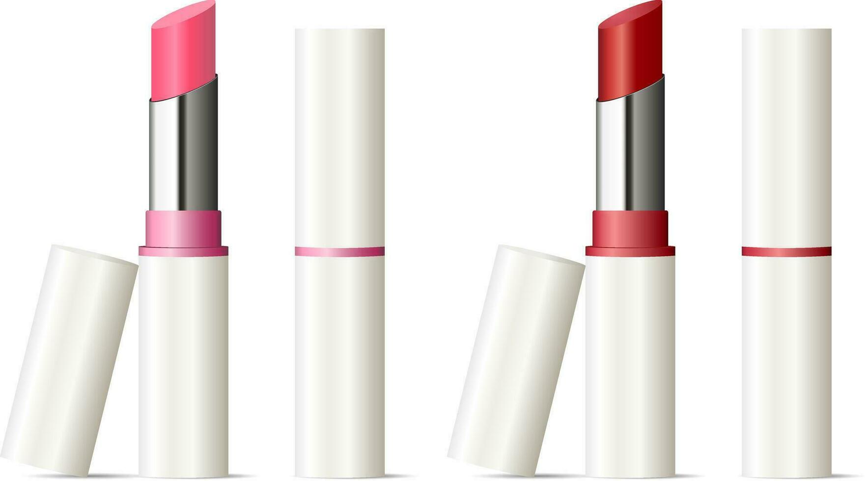 modisch Lippenstift spotten oben Satz. Vektor Illustration. sexy rot und Rosa Farbe. 3d bilden kosmetisch Anzeigen.