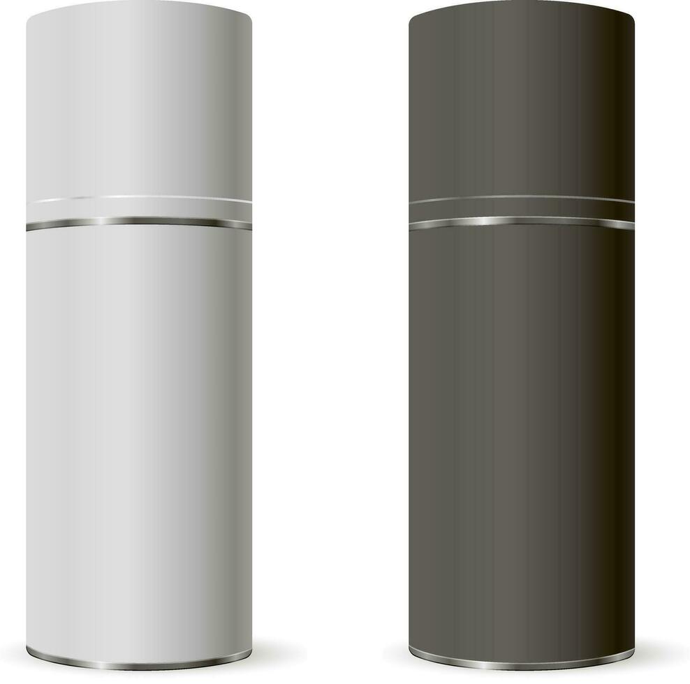 Deodorant sprühen Flasche Satz. 3d Vektor kosmetisch Pack von Aerosol Tube mit Deckel im schwarz und Weiß Farben. eps10