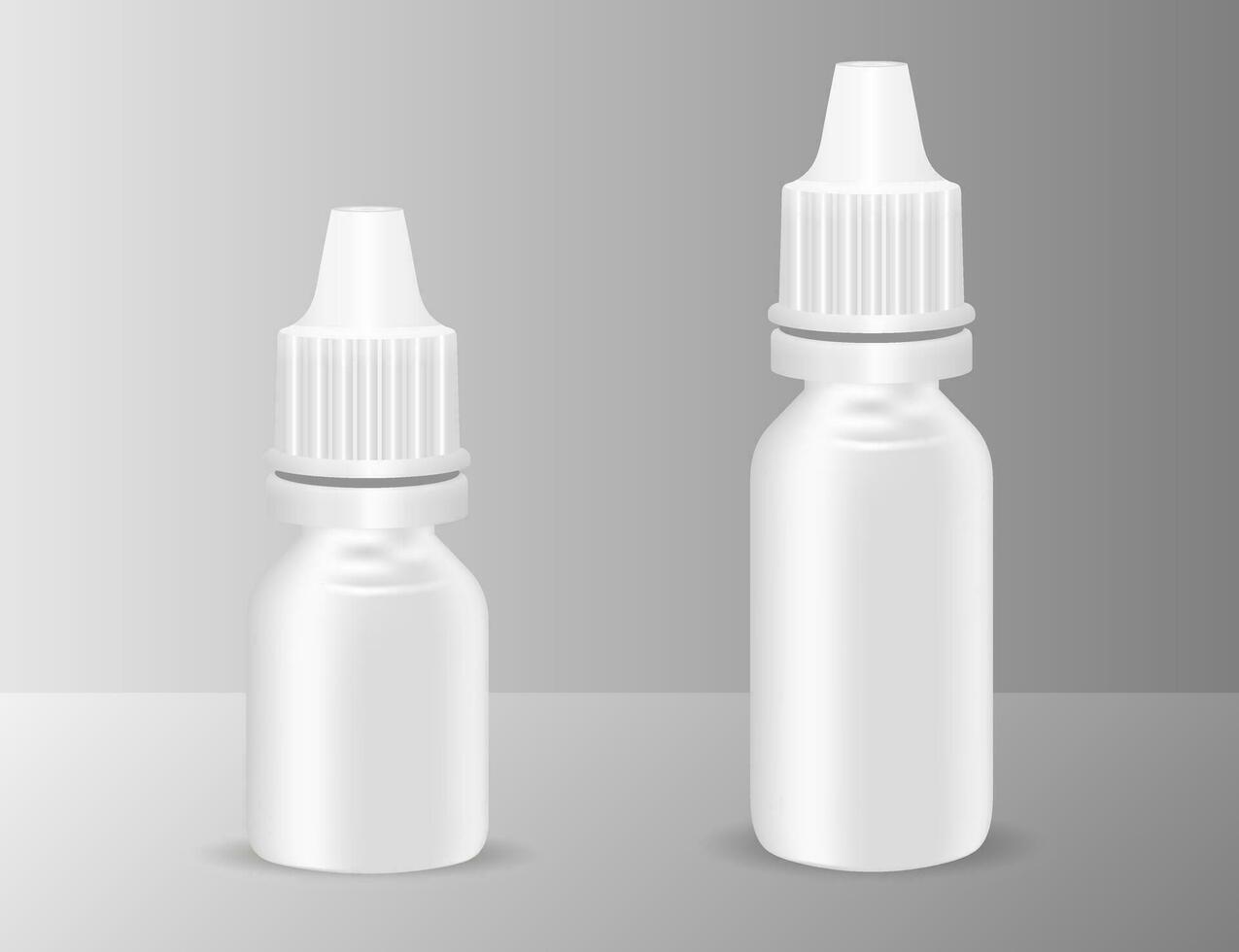 einstellen von Weiß realistisch Plastik medizinisch Flaschen mit Tropfer. Apotheke Flasche oder Fläschchen zum Antialterung essentiell, Auge oder Nasal- Tropfen. spotten oben Vektor Flakons Illustration isoliert auf grau.