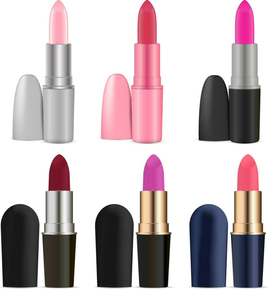 Kosmetika Lippenstift einstellen von verschiedene Farben. realistisch Attrappe, Lehrmodell, Simulation Vektor Illustration. Trend kosmetisch Design zum Werbung, Banner, Werbung.