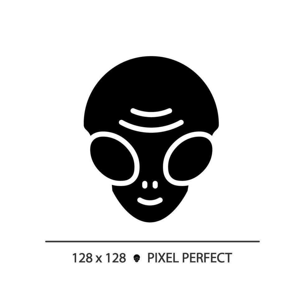 Außerirdischer Gesicht Pixel perfekt schwarz Glyphe Symbol. außerirdisch Leben. UFO Sichtung. Wissenschaft Fiktion. paranormal Aktivität. Silhouette Symbol auf Weiß Raum. solide Piktogramm. Vektor isoliert Illustration