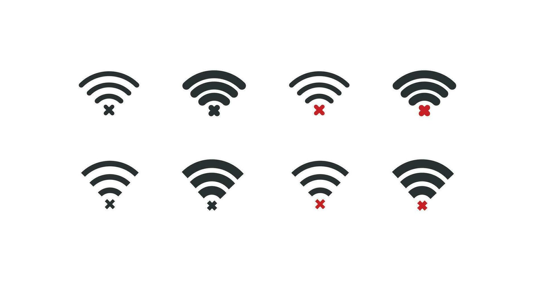 Nej singal wiFi ikon uppsättning. logotyp Vinka wiFi och korsa illustration symbol. tecken fel ansluta internet vektor