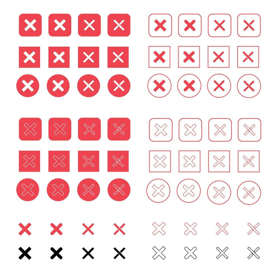 korsa eller röd kors, fel, felaktigt i annorlunda variant ikon uppsättning vektor