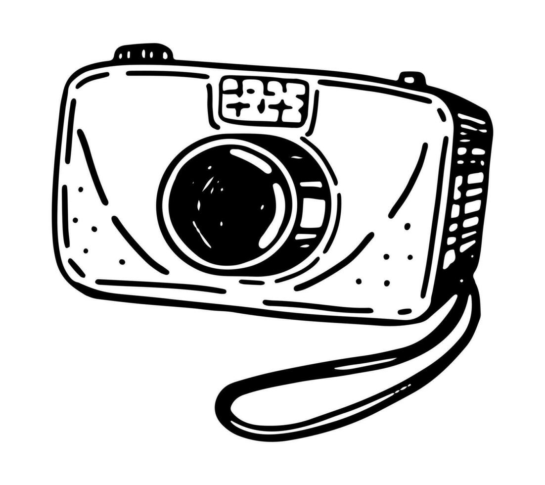 kompakt digital kamera skiss ClipArt. fotografera enhet Utrustning klotter isolerat på vit. hand dragen vektor illustration i gravyr stil.